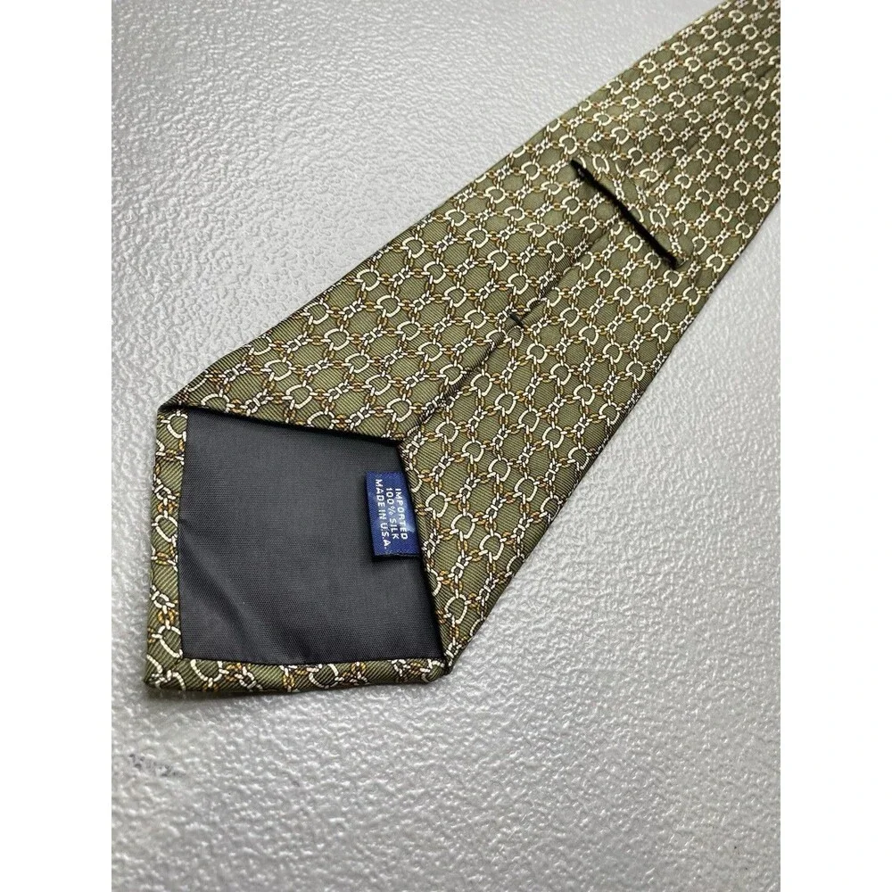 Saks Fifth Avenue Silk Tie Geometric Chain Bridle Motif Vintage Mens Green Gold